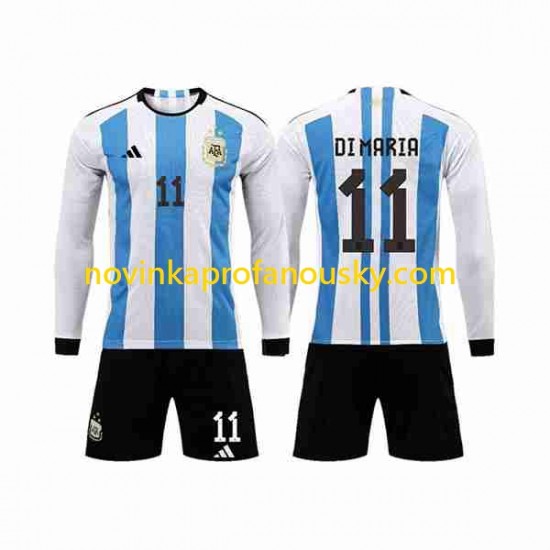 Argentina Dres 3 Stars Di Maria 11 Domácí Fotbalové Dresy pro Děti MS ve fotbale 2022 Dlouhý rukáv