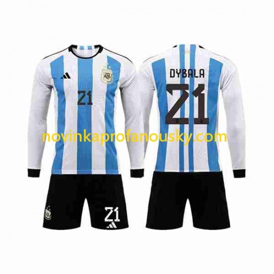 Argentina Dres 3 Stars Paulo Dybala 21 Domácí Fotbalové Dresy pro Děti MS ve fotbale 2022 Dlouhý rukáv