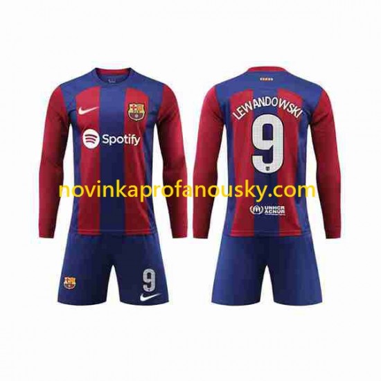 FC Barcelona Dres LEWANDOWSKI 9 Domácí Fotbalové Dresy pro Děti 2023-2024 Dlouhý rukáv