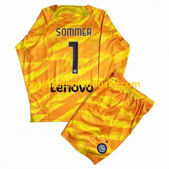 Inter Milán Dres Sommer 1 Brankářské Domácí Fotbalové Dresy pro Děti 2023-2024 Dlouhý rukáv