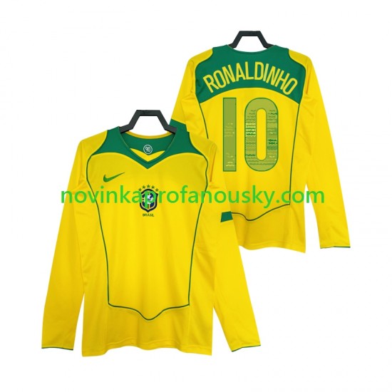 Brazílie Dres RONALDINHO 10 Retro Domácí Fotbalové Dresy pro Muže 2004 Dlouhý rukáv