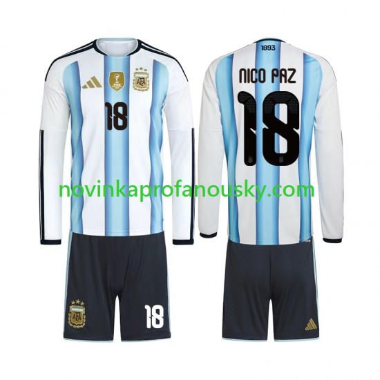 Argentina Dres Nico Paz 18 Domácí Fotbalové Dresy pro Děti MS ve fotbale 2026 Dlouhý rukáv