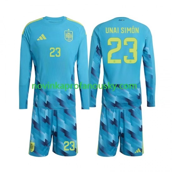 Španělsko Dres Unai Simon 23 Brankářské Domácí Fotbalové Dresy pro Děti MS ve fotbale 2026 Dlouhý rukáv
