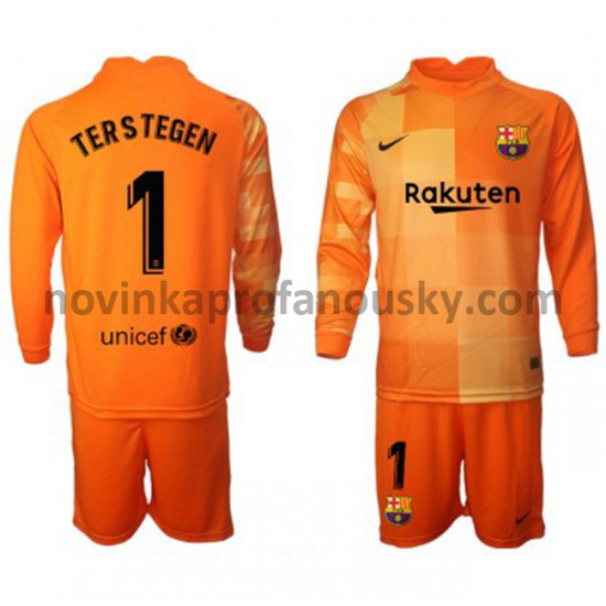 FC Barcelona Dres Brankářské Ter Stegen 1 Domácí Fotbalové Dresy pro Děti 2021-2022 Dlouhý Rukáv