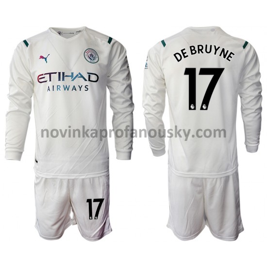 Manchester City Dres Kevin De Bruyne 17 Venkovní Fotbalové Dresy pro Děti 2021-2022 Dlouhý Rukáv
