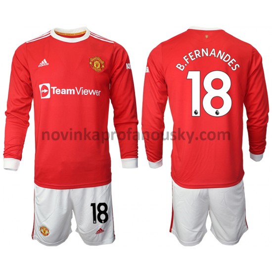 Manchester United Dres Bruno Fernandes 18 Domácí Fotbalové Dresy pro Děti 2021-2022 Dlouhý Rukáv